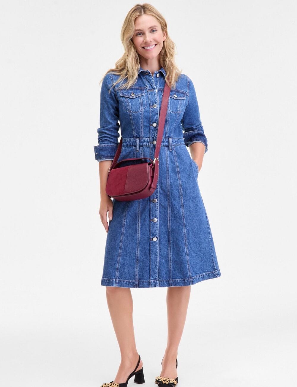 ON 34th Denim Midi Shirt Dress M Dark Wash Button Front Cotton Stretch NWT $120